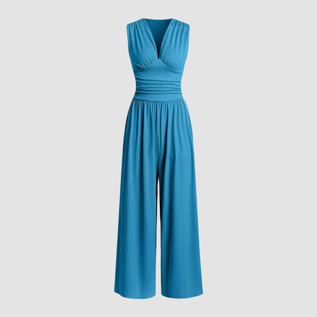 Black sleeveless wide-leg jumpsuit in ribbed stretch fabric with flowing tailored silhouette