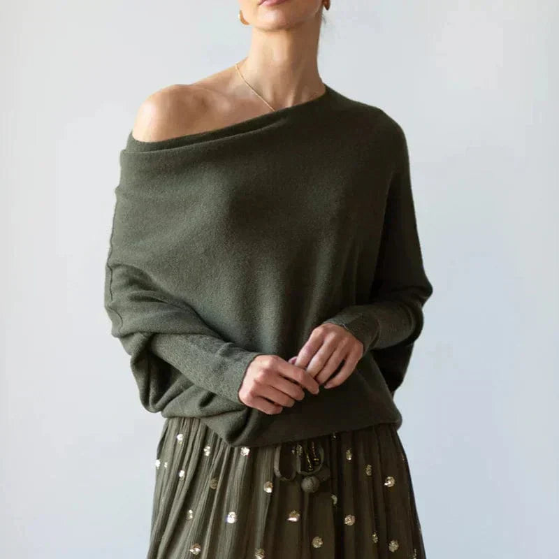 Lea relaxed fit soft knit sweater with boat neckline in neutral tones for casual everyday comfort