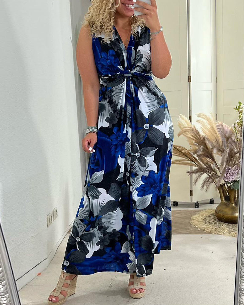 Women's purple black floral maxi dress sleeveless V-neck with cinched tie-front waist