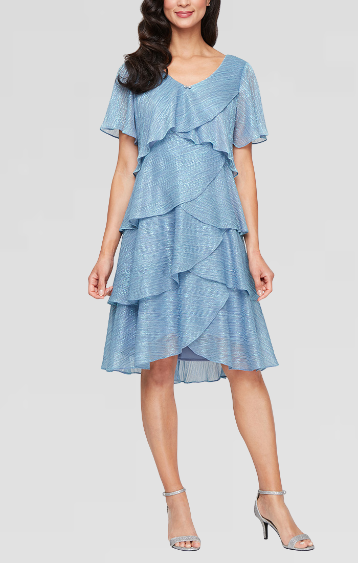 SL Fashions high-low ruffle tiered dress with V-neckline, short sleeves, metallic shimmer and jewel accents
