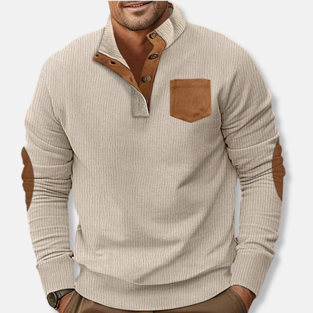 Men's ribbed knit sweatshirt stand collar contrast elbow patches casual pullover