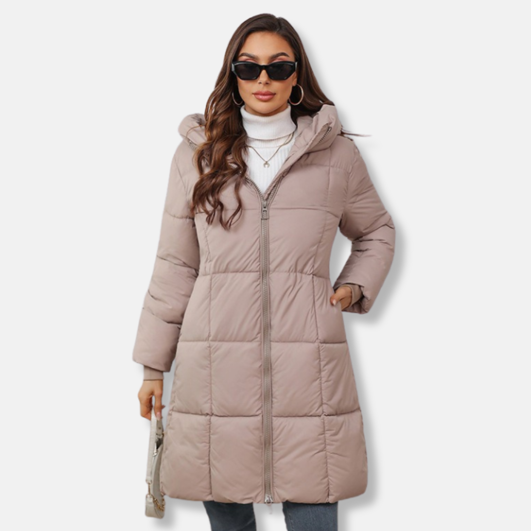 Women's slim-fit quilted mid-length hooded puffer coat with insulated warmth for winter