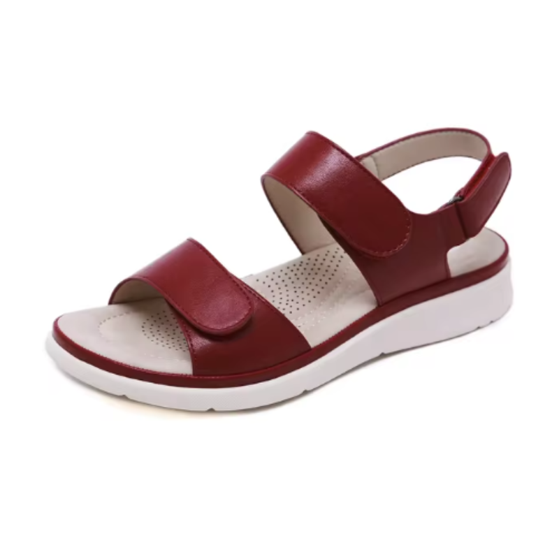 Women's comfort adjustable sandals in neutral tones with cushioned footbed and supportive open-toe silhouette