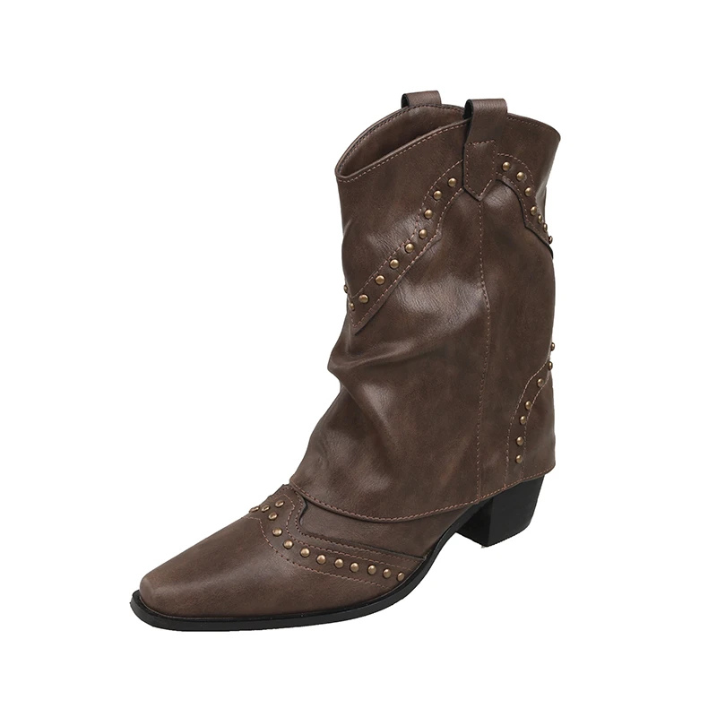 Women's brown studded Western cowboy boots mid-heel with bold metal stud embellishments