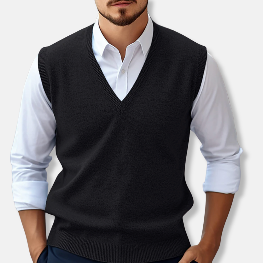 Men's ribbed cotton knit sweater vest, V-neck sleeveless regular fit layering piece