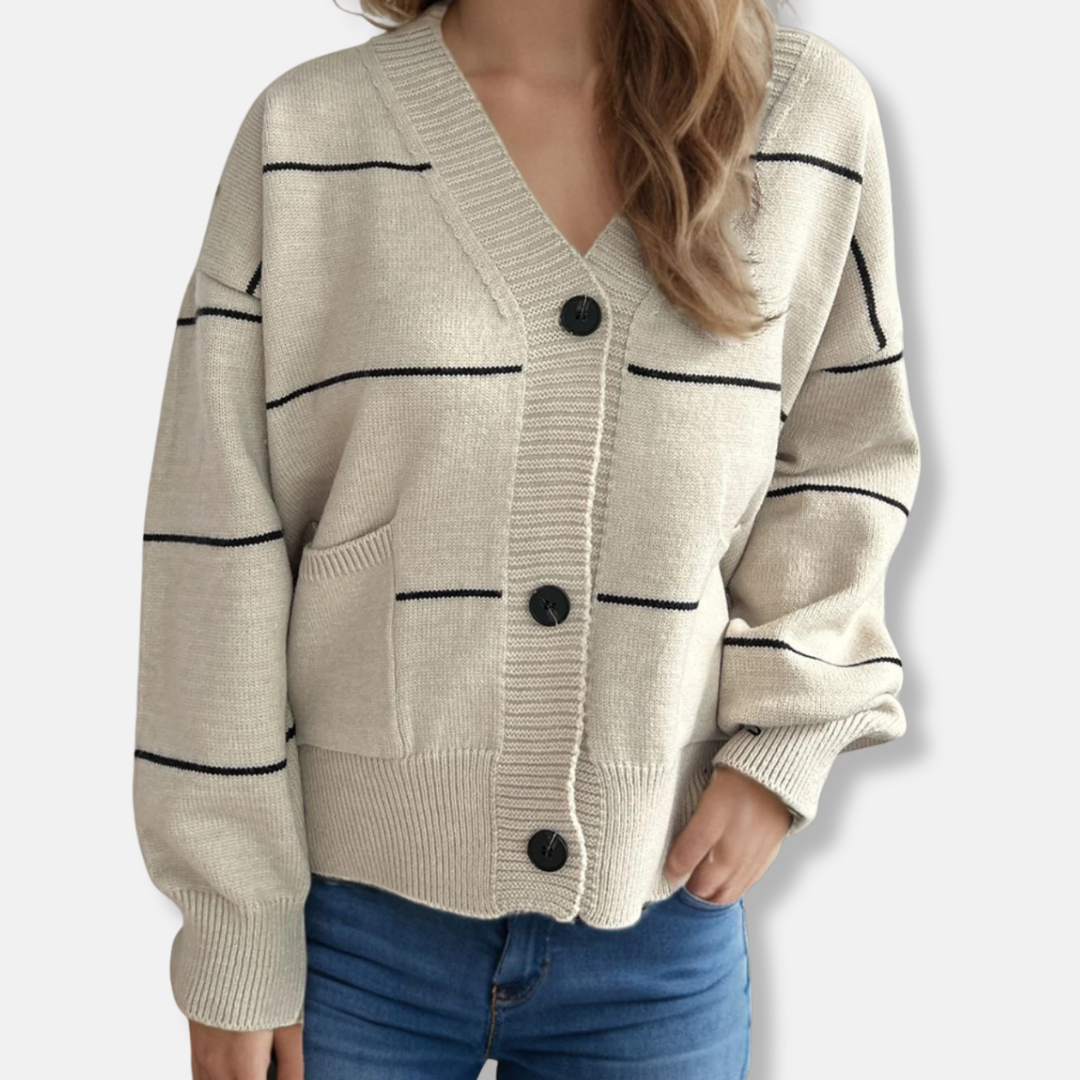 Women's loose fit V-neck cardigan in medium-weight knit, hip-length long sleeve versatile layering piece