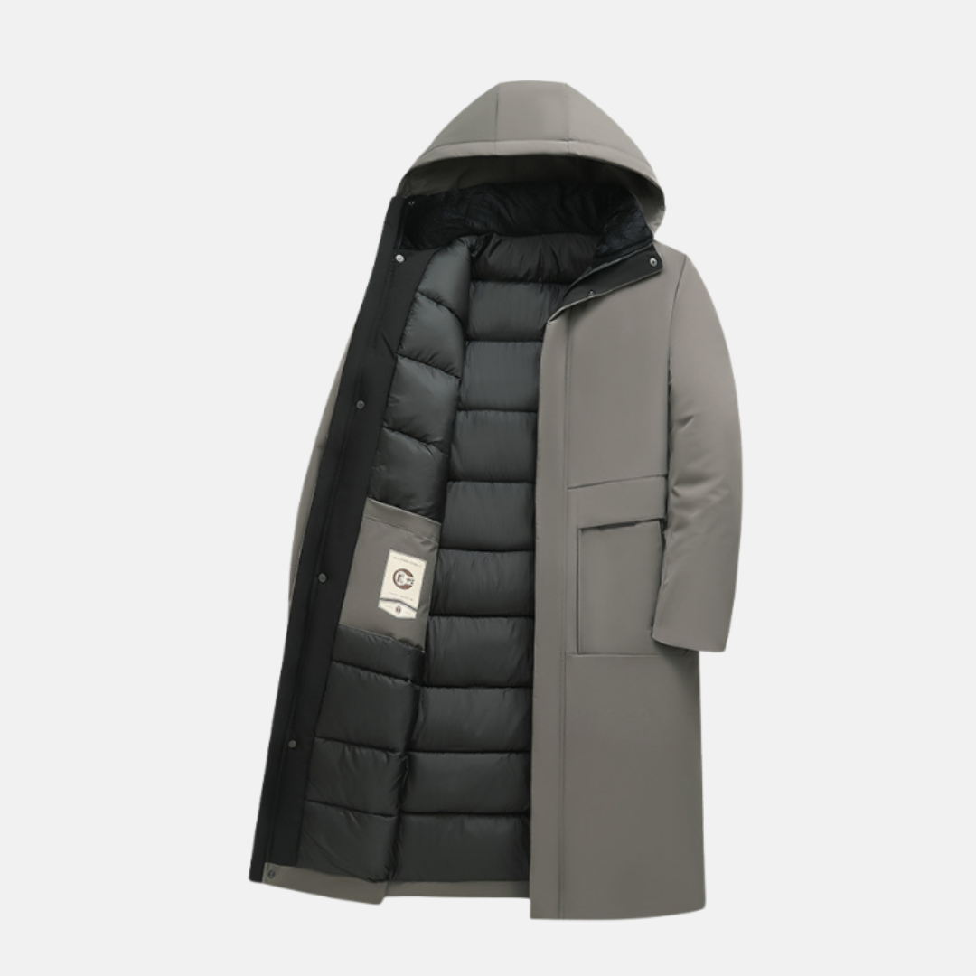 Men's full-length insulated long coat regular fit with snap button closure and hooded design