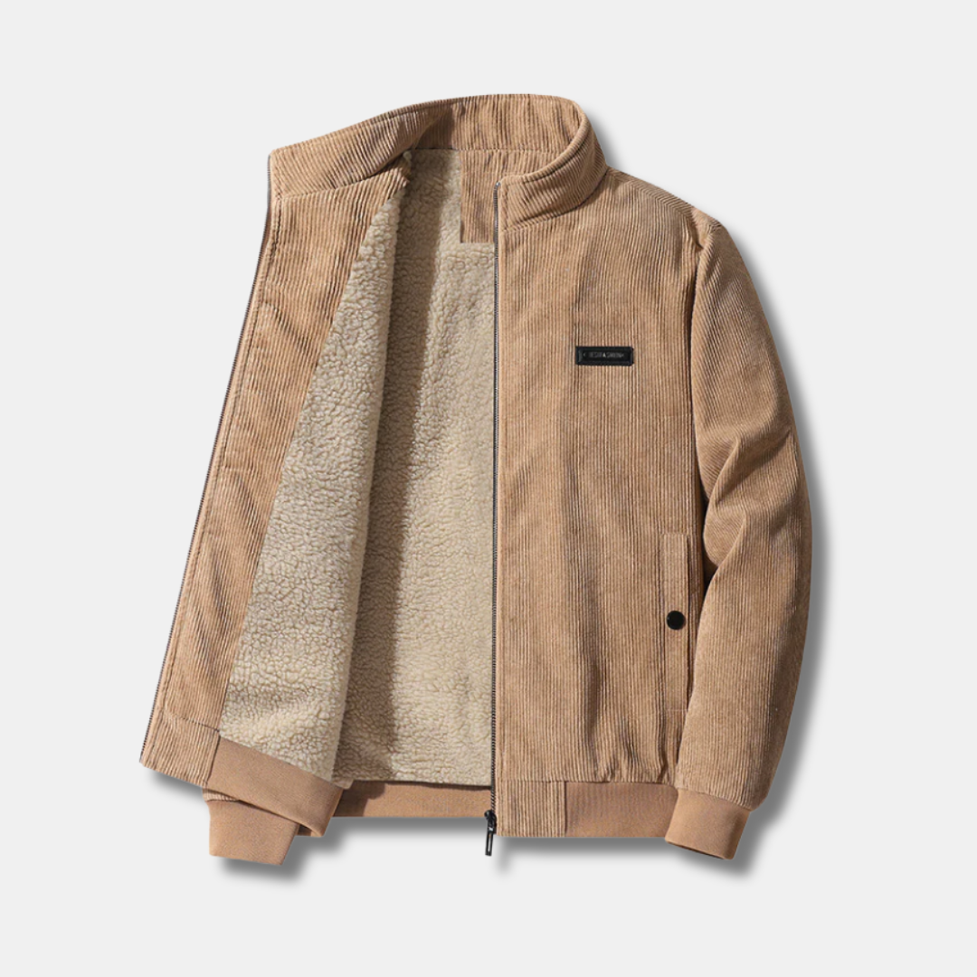Brown corduroy jacket with warm sherpa lining, rugged yet refined cold-weather style