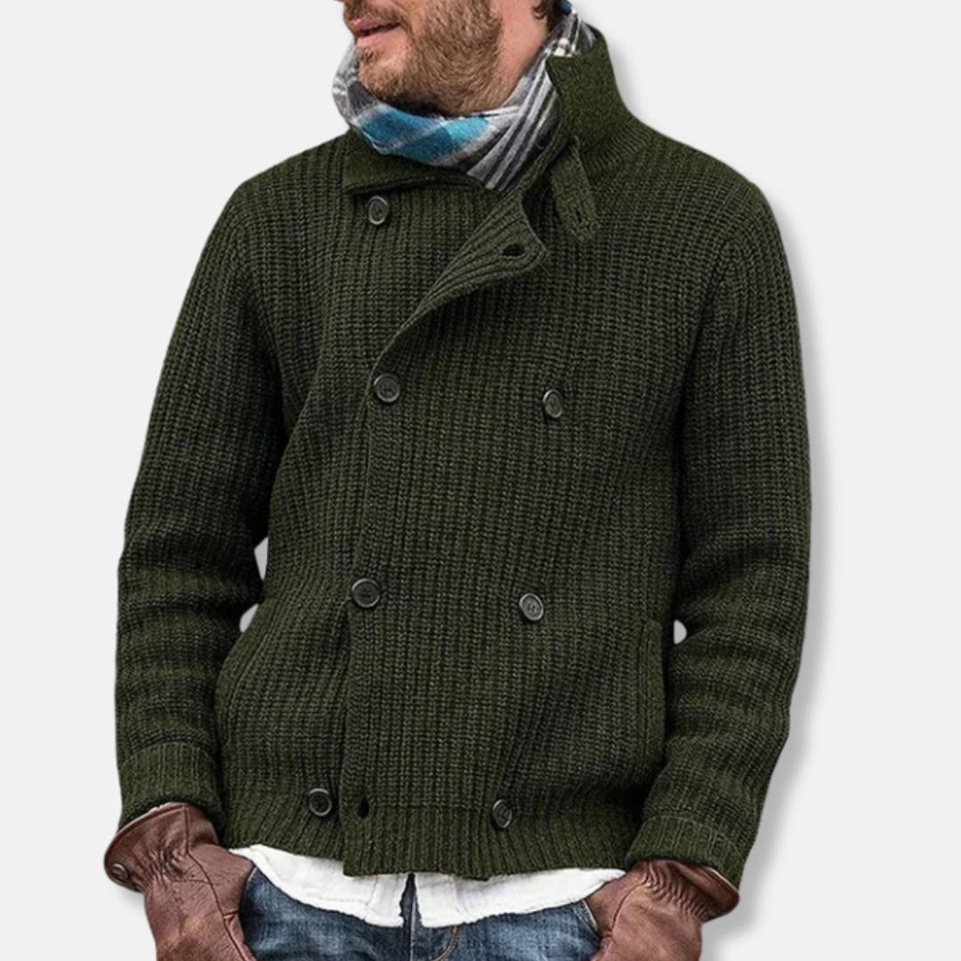 Men's wool blend double-breasted knit jacket warm structured fall winter outerwear polished silhouette