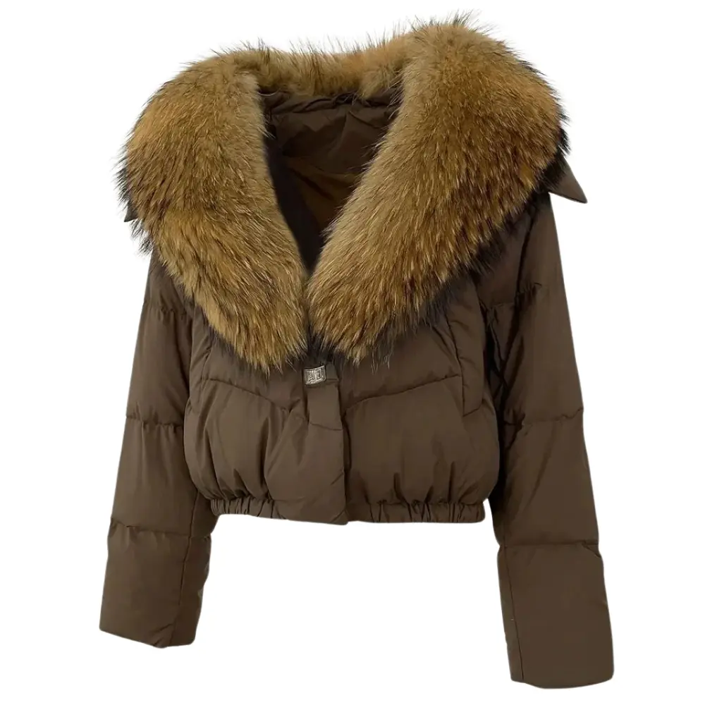 Women's cropped cinched puffer jacket with detachable faux fur collar, insulated winter style