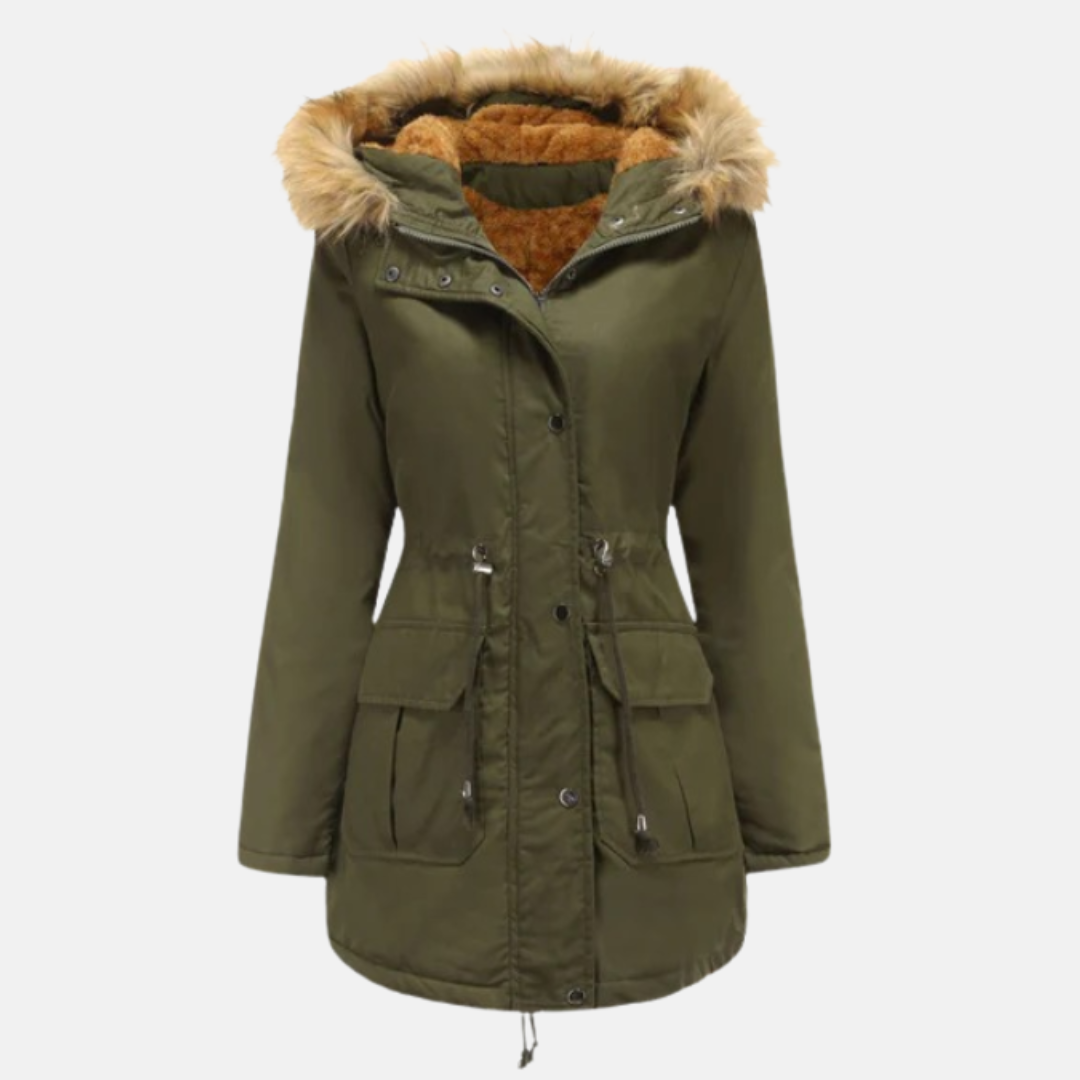 Women's mid-thigh PU leather parka jacket with fleece lining, faux fur hood, and adjustable waist