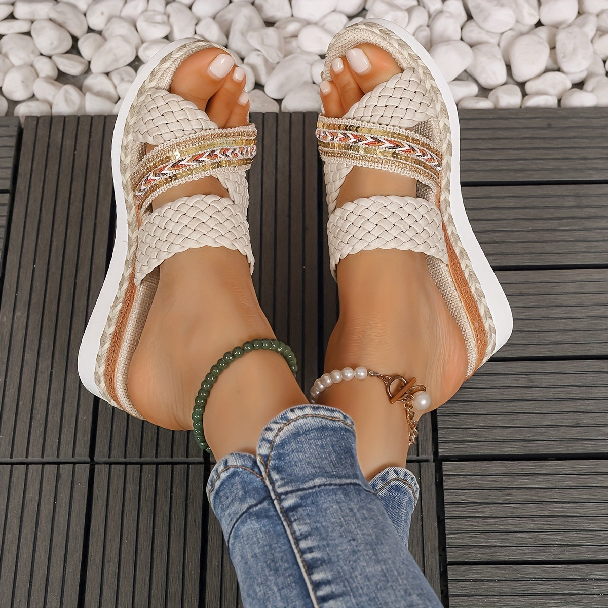 Women's woven slip-on sandals in natural tan with artisanal rope texture and cushioned sole