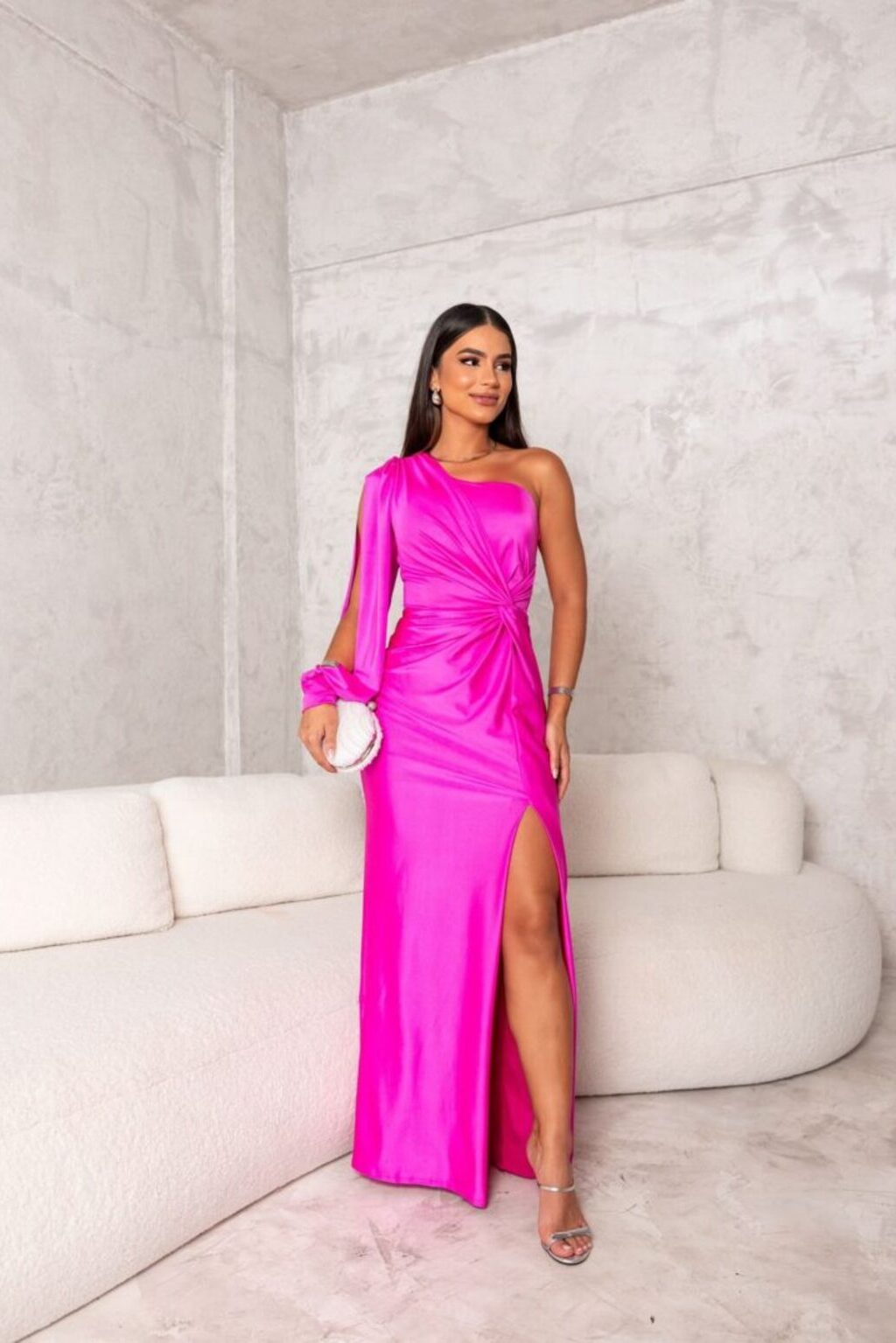 Black one-shoulder evening maxi dress with flowing sheer sleeves and relaxed elegant fit