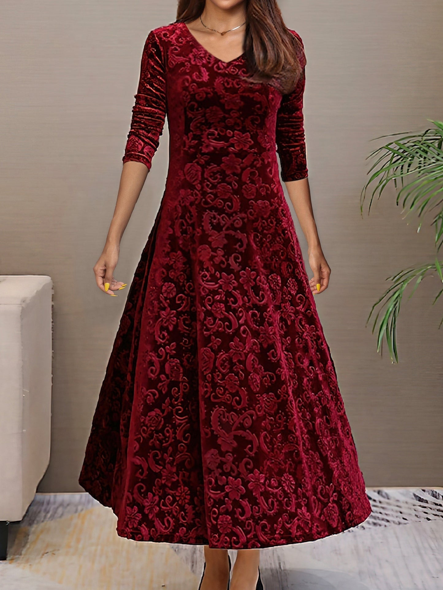 Women's velvet A-line evening dress, V-neck, 3/4 sleeves, floral pattern, rich matte sheen