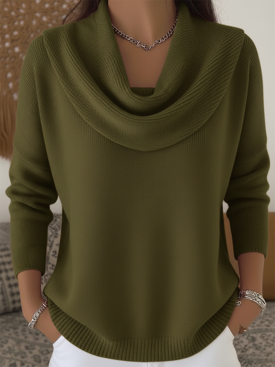 Stylish cowl collar sweater with relaxed fit, soft fabric, and voluminous draped neckline for cozy chic looks