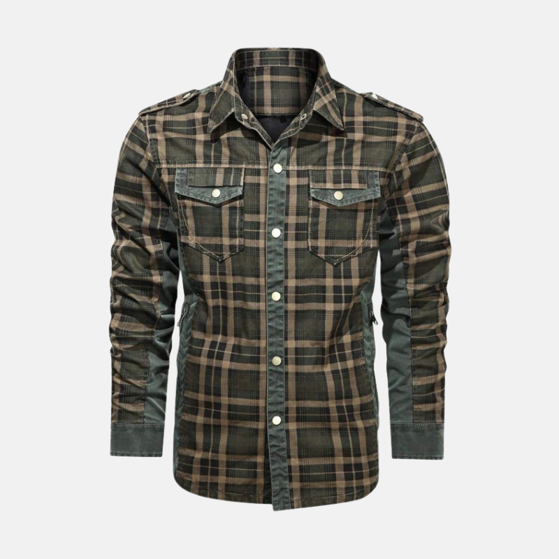 Men's woven plaid shirt jacket hip-length regular fit with pointed collar smart casual layering