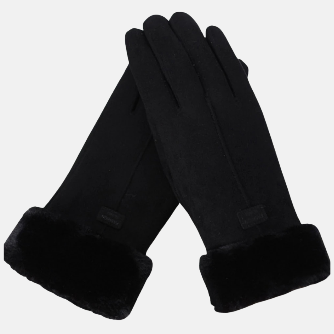 Women's slim fit wrist-length suede-like gloves in neutral tone with plush faux fur cuffs, touchscreen compatible