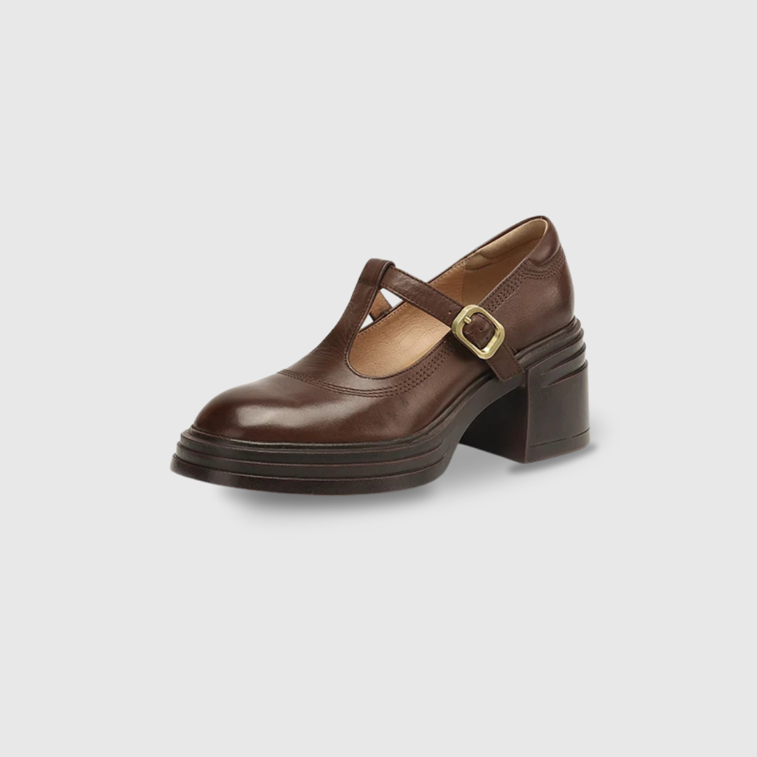 Women's chunky block heel Mary Jane pumps in classic round toe with gold buckle T-strap accent