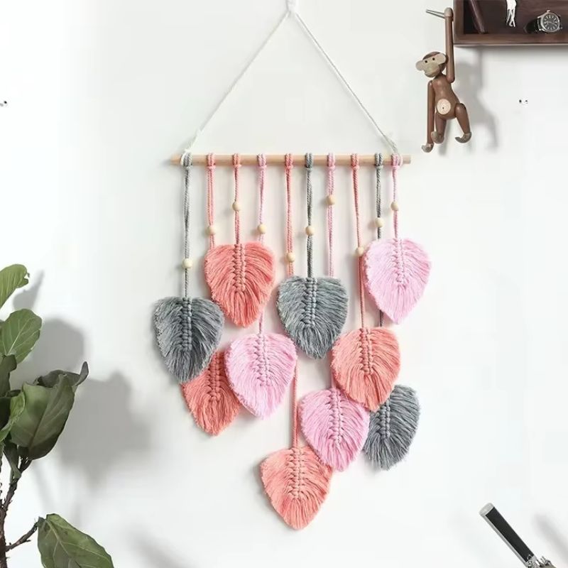 Bohemian macrame wall decor with handcrafted cotton leaves, natural boho style, 90x40cm