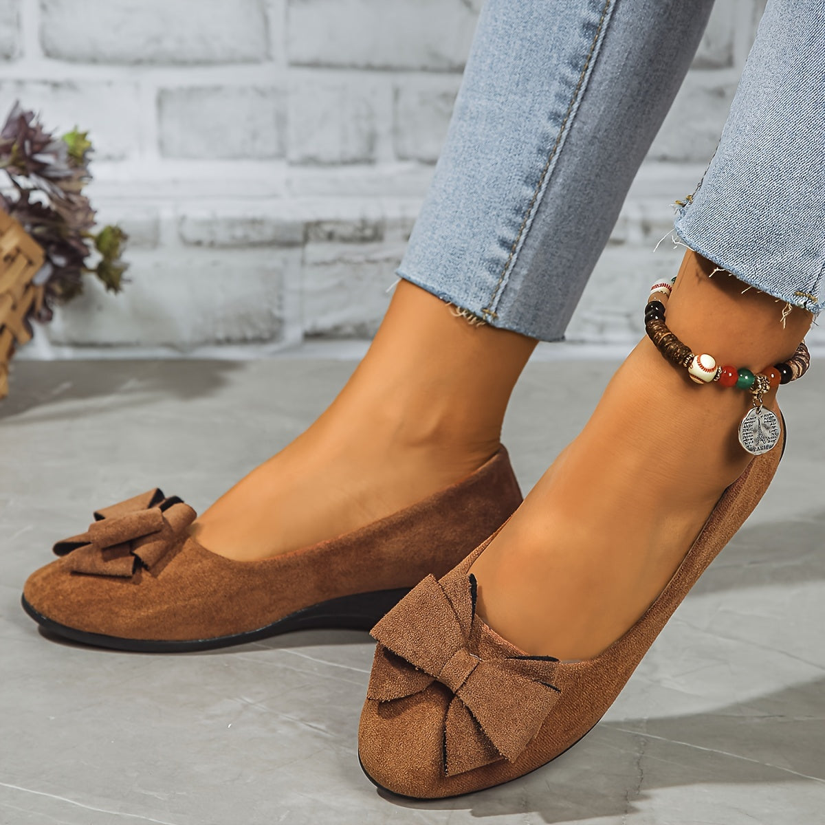 Women's blush suede-look ballet flats slip-on with sweet bow detail at round toe, feminine style