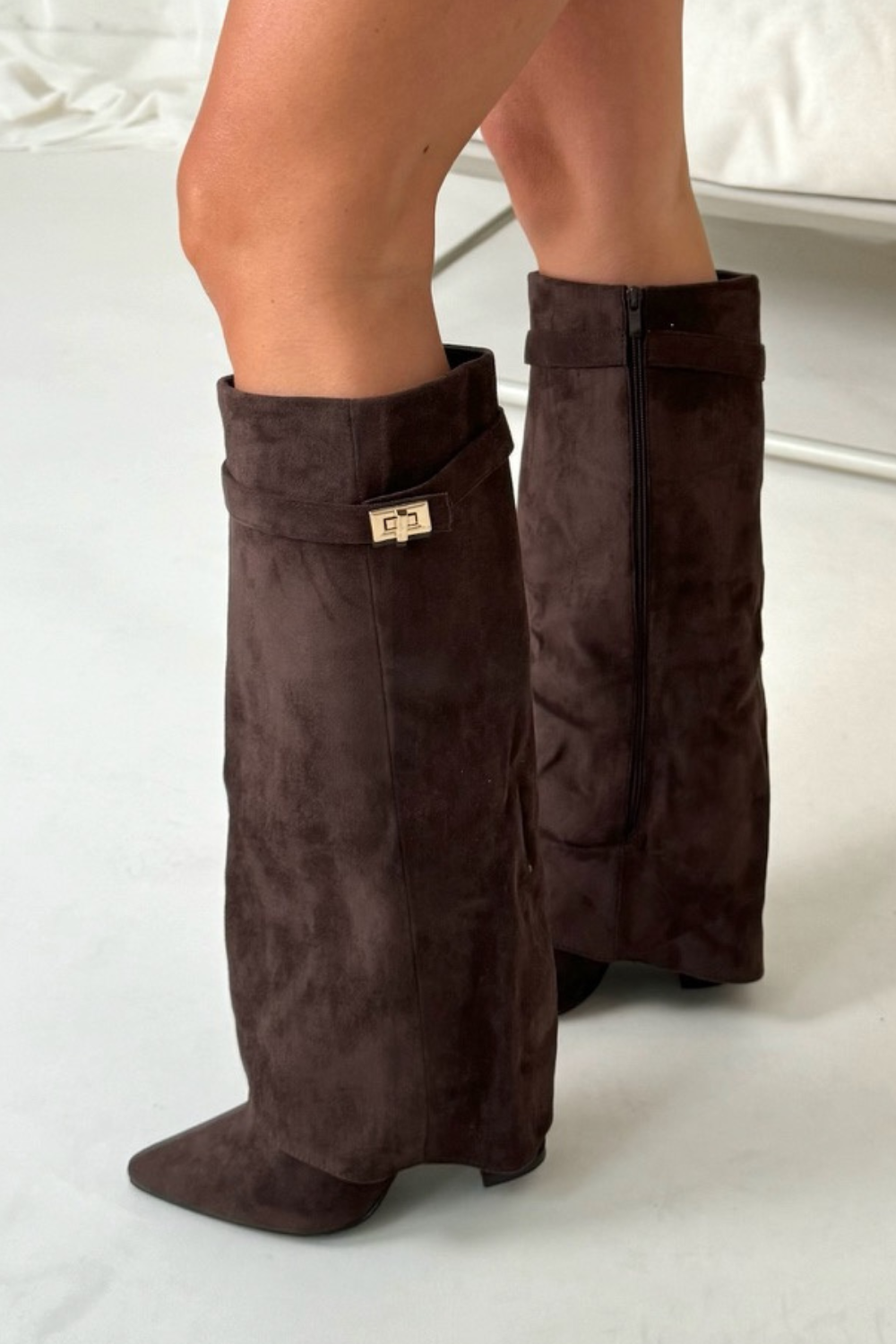 Vittoria brown suede knee-high boots pointed toe slouchy silhouette with buckle detail