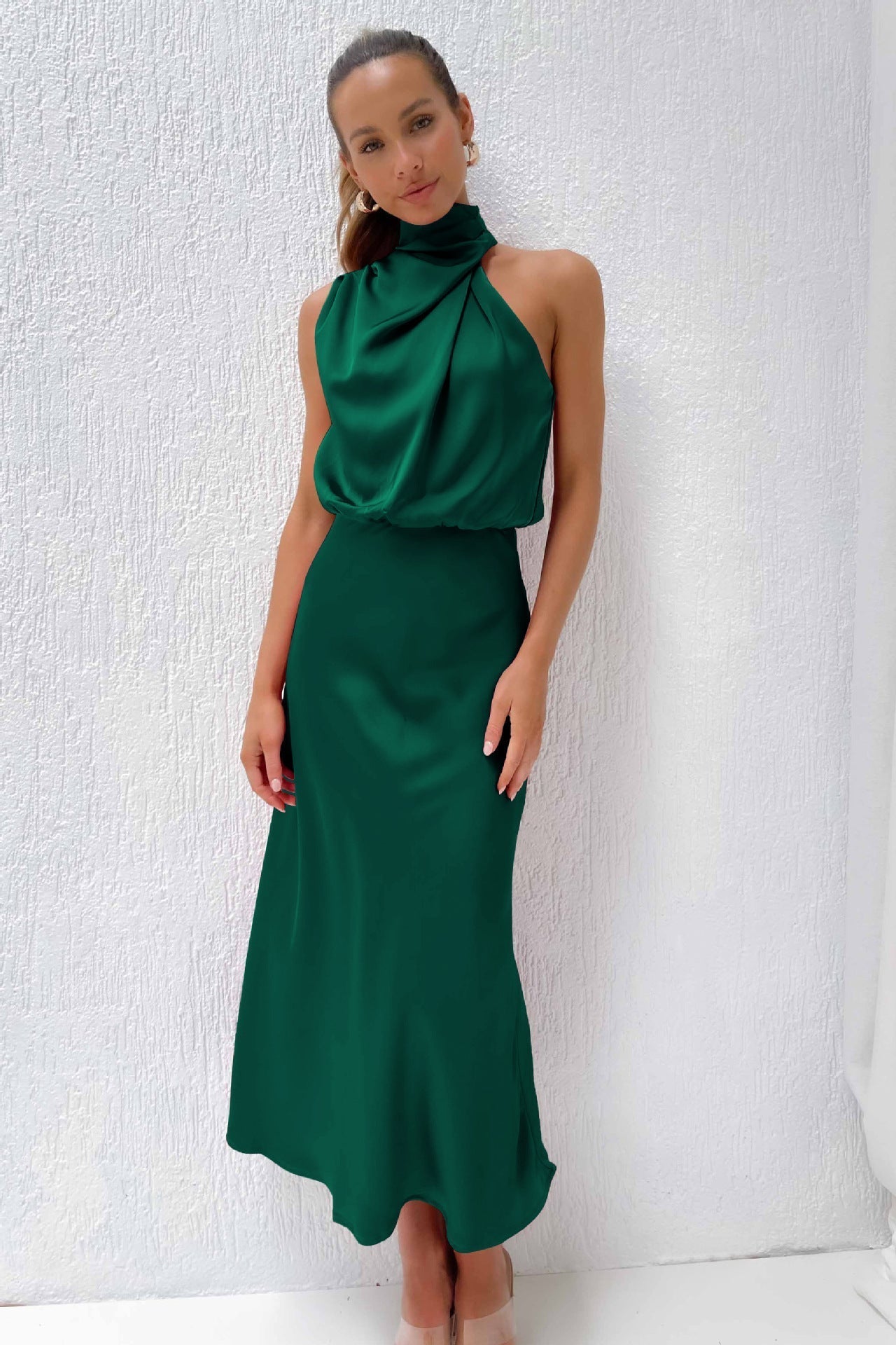 Diane satin maxi dress in elegant drape silhouette, perfect for weddings and summer events