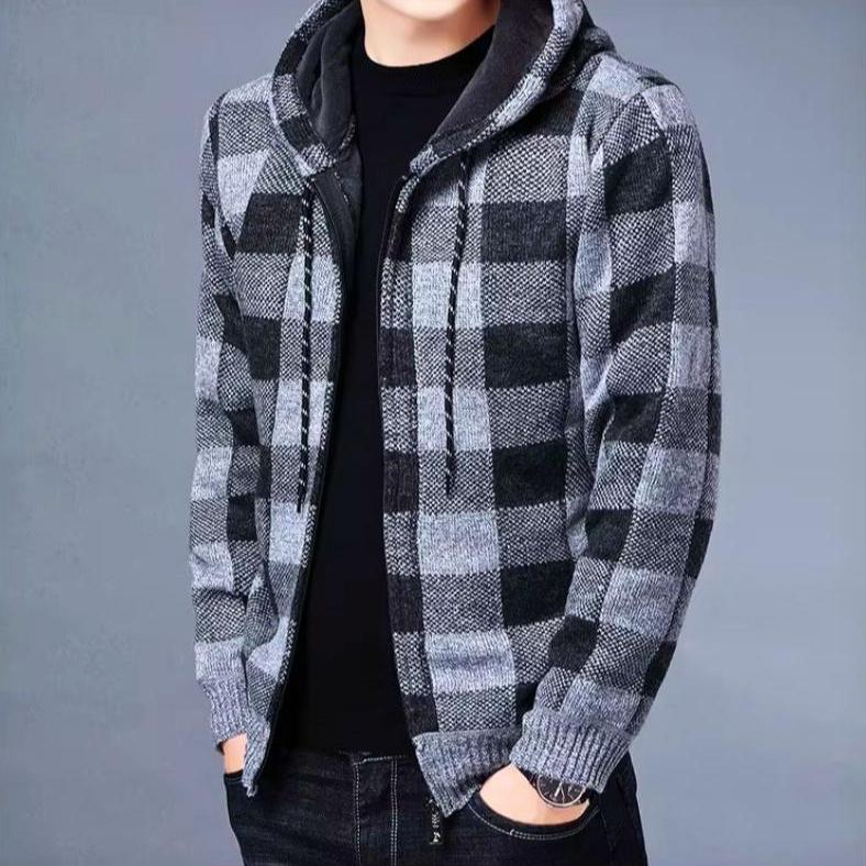 Men's plaid fleece zip-up hoodie in warm tones, soft insulating fabric for cold weather comfort