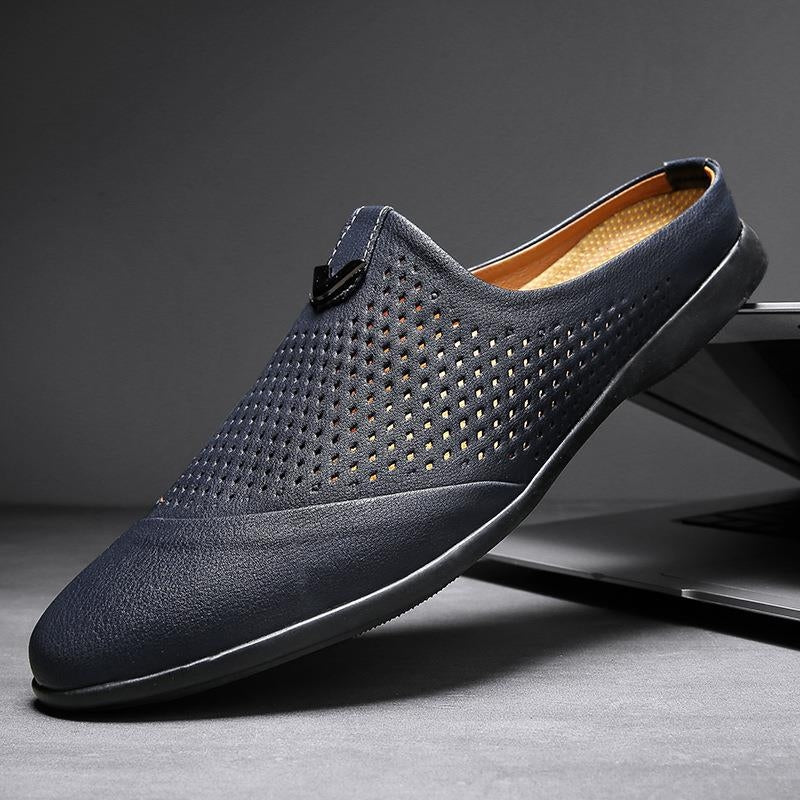 Tan Italian leather perforated slip-on mule with breathable airflow design for warm weather