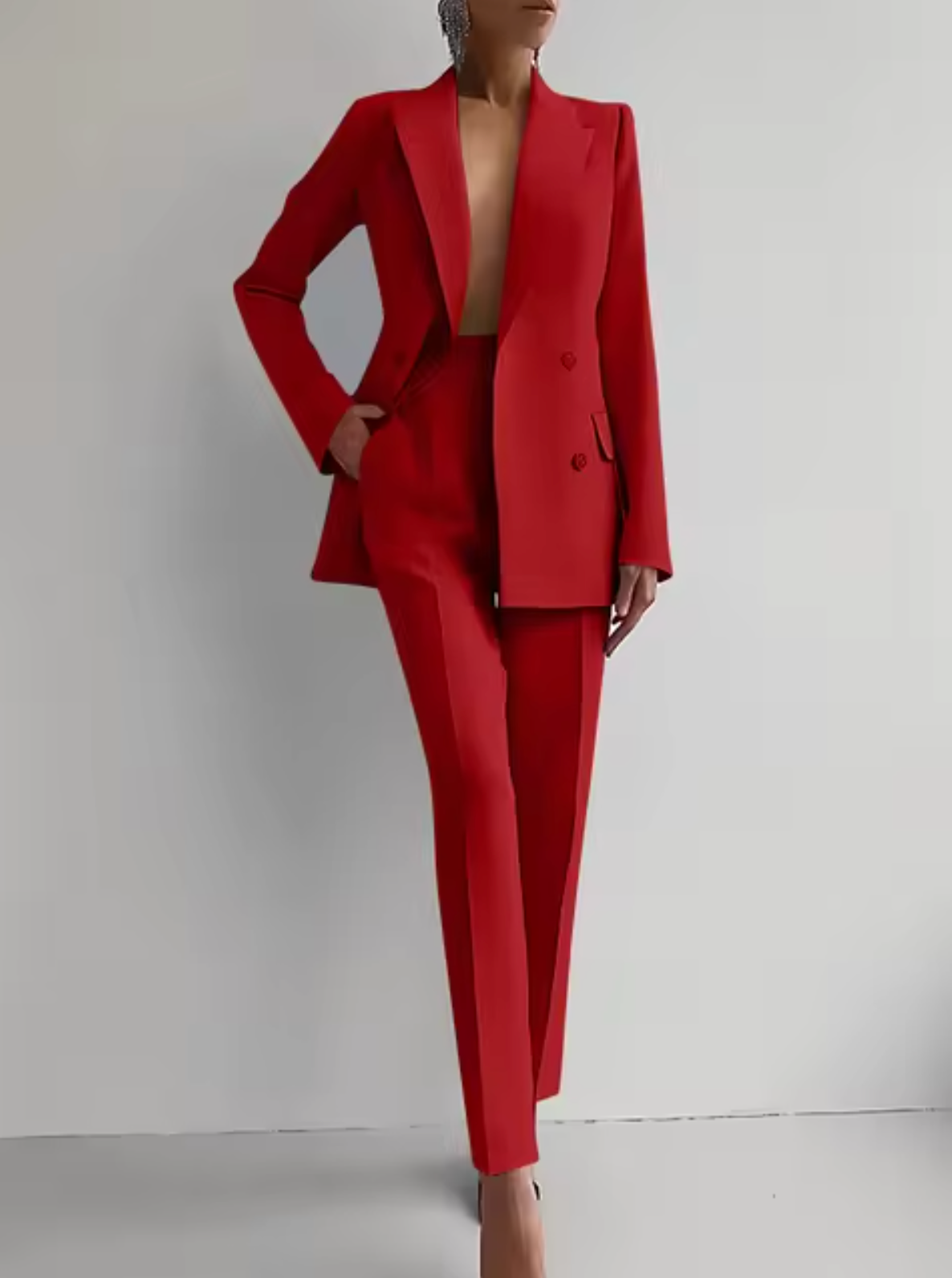 Women tailored double-breasted blazer high-waisted trousers wool-viscose professional suit
