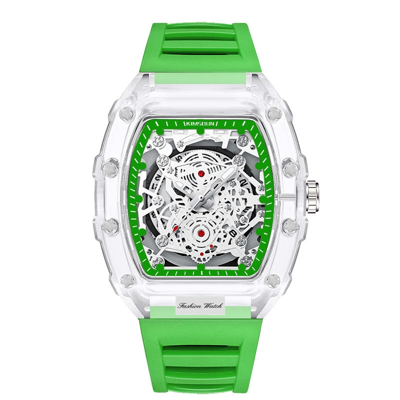 Rylan Forge transparent mechanical watch with exposed gears, bold quartz design, waterproof shock-resistant