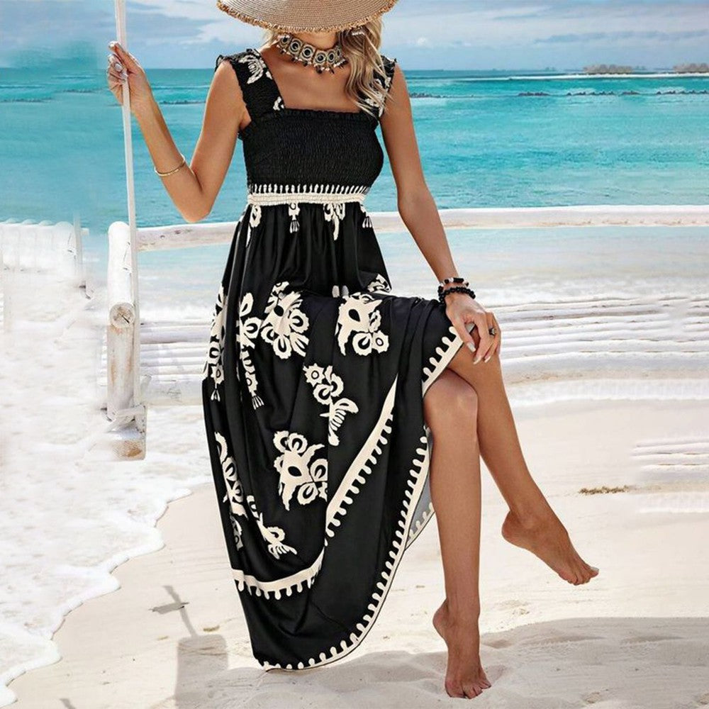Women's flowy sleeveless printed beach dress square neckline vacation summer style