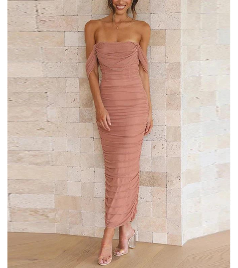 Ivory off-shoulder draped midi evening dress with tailored silhouette and elegant flowing design