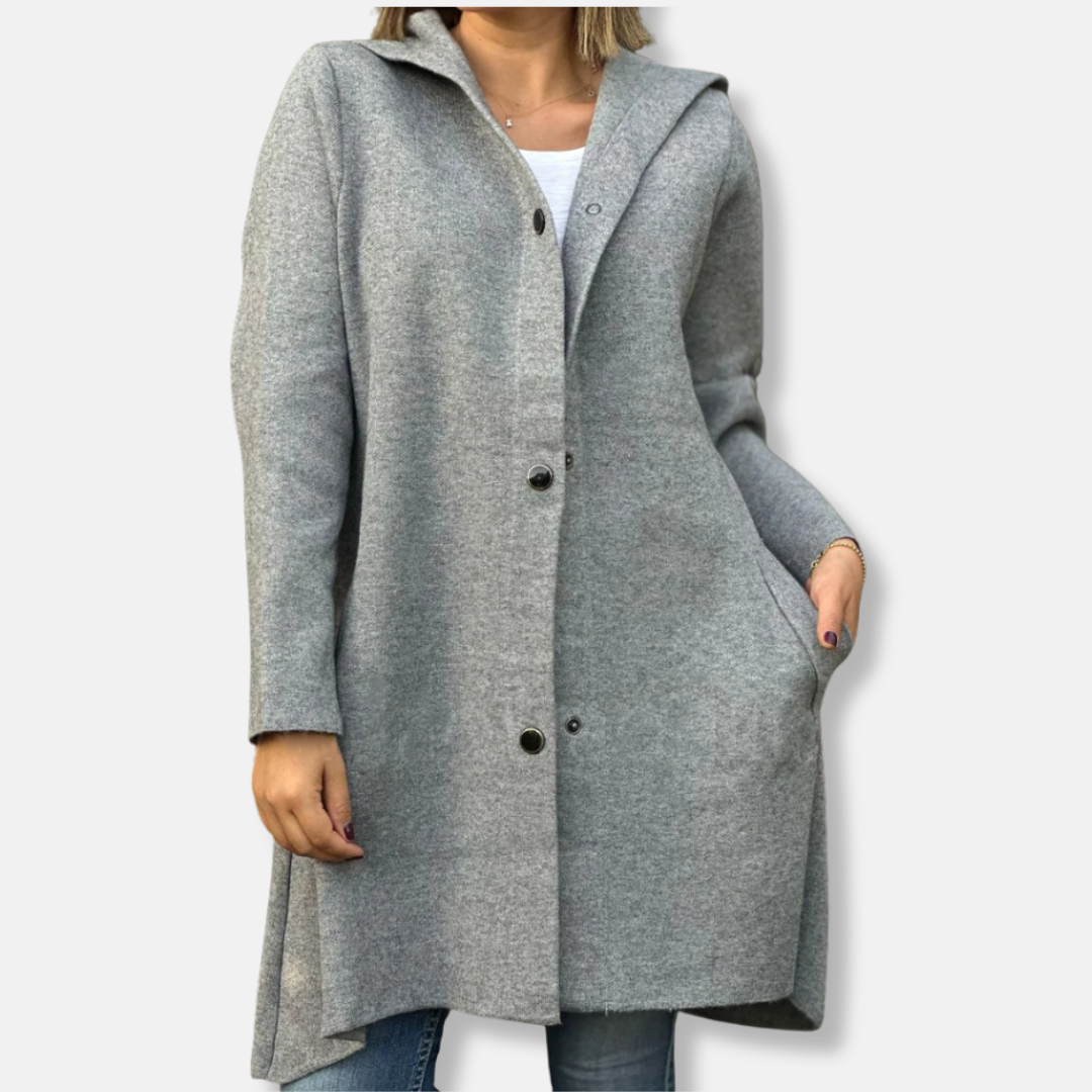 Women's wool hooded coat with snap button closure, relaxed A-line silhouette, mid-thigh length