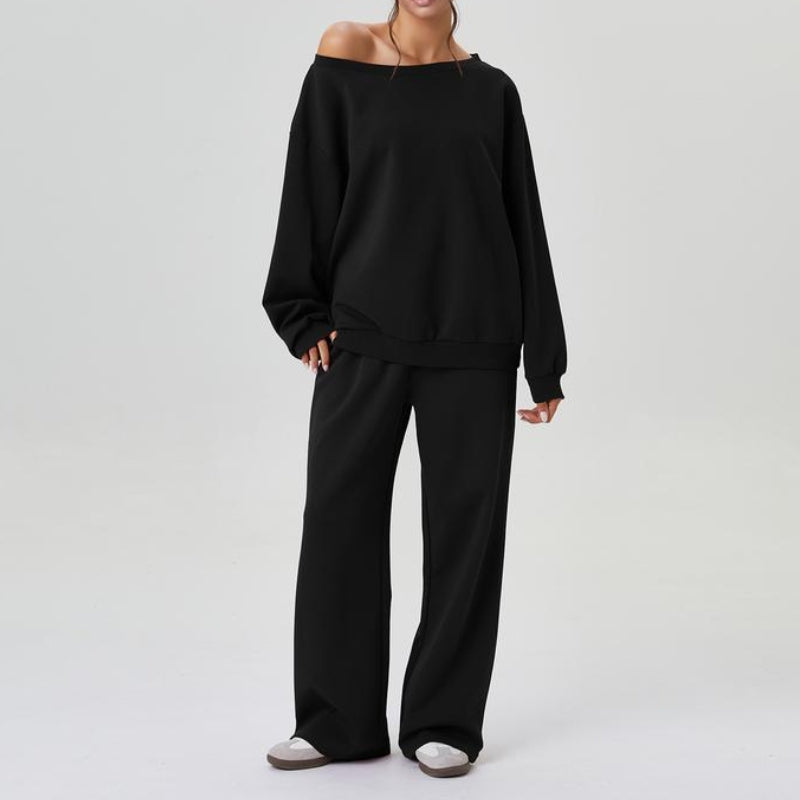 Marlowe soft knit co-ord set with sloping shoulder drape and wide-leg trousers