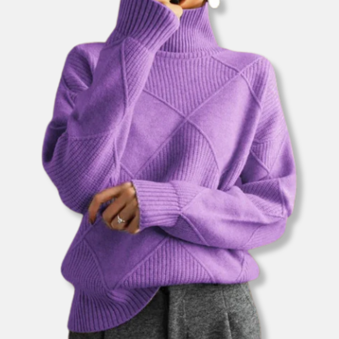 Women's beige relaxed fit turtleneck sweater with elegant ribbed diamond knit texture, hip-length