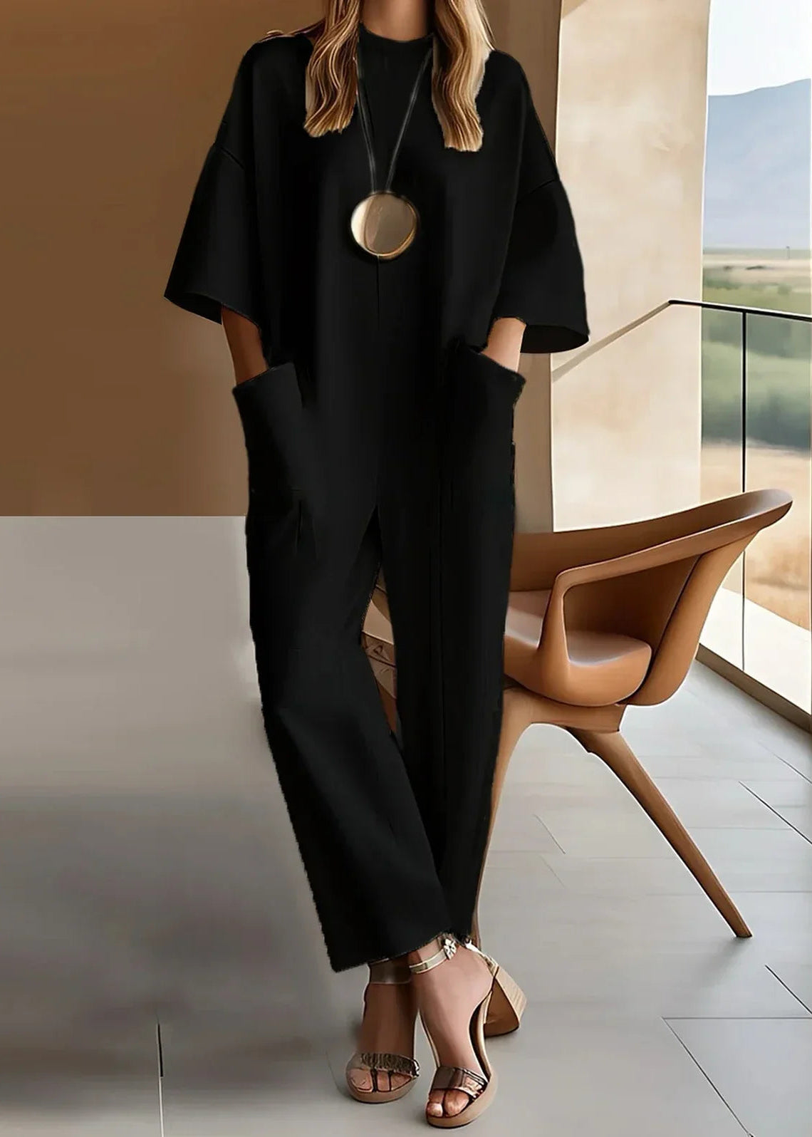 Women's short sleeve wide-leg jumpsuit crew neck drop-shoulder relaxed fit one-piece