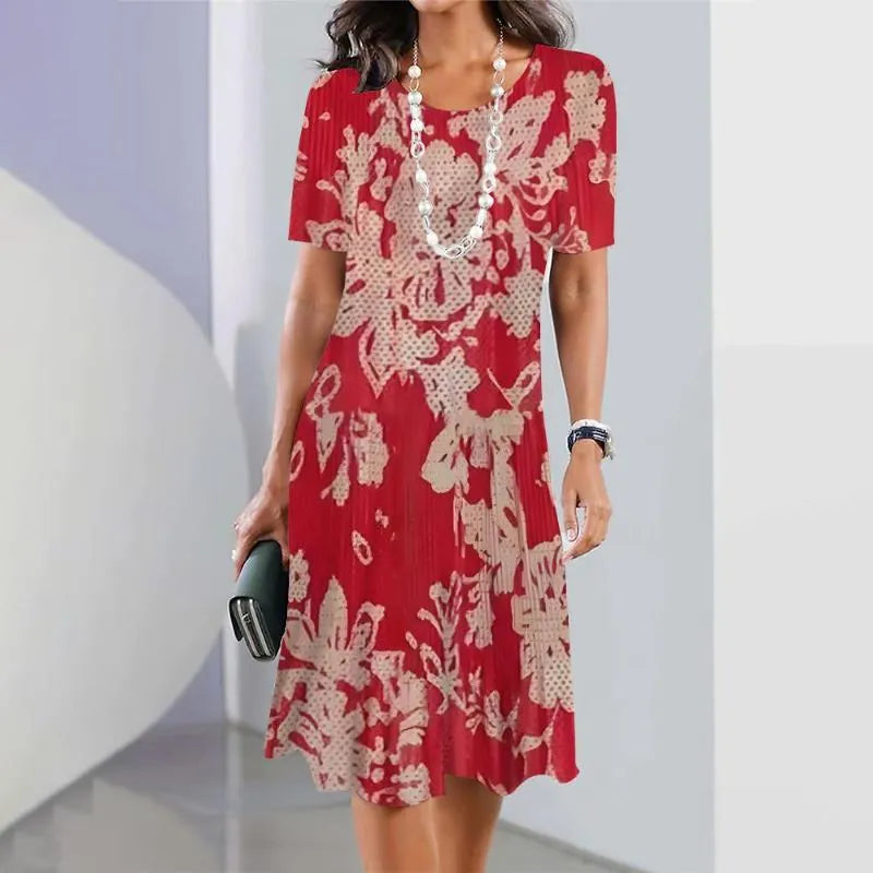 Vivid women's printed midi dress short sleeve A-line silhouette bold color-block stripe casual style