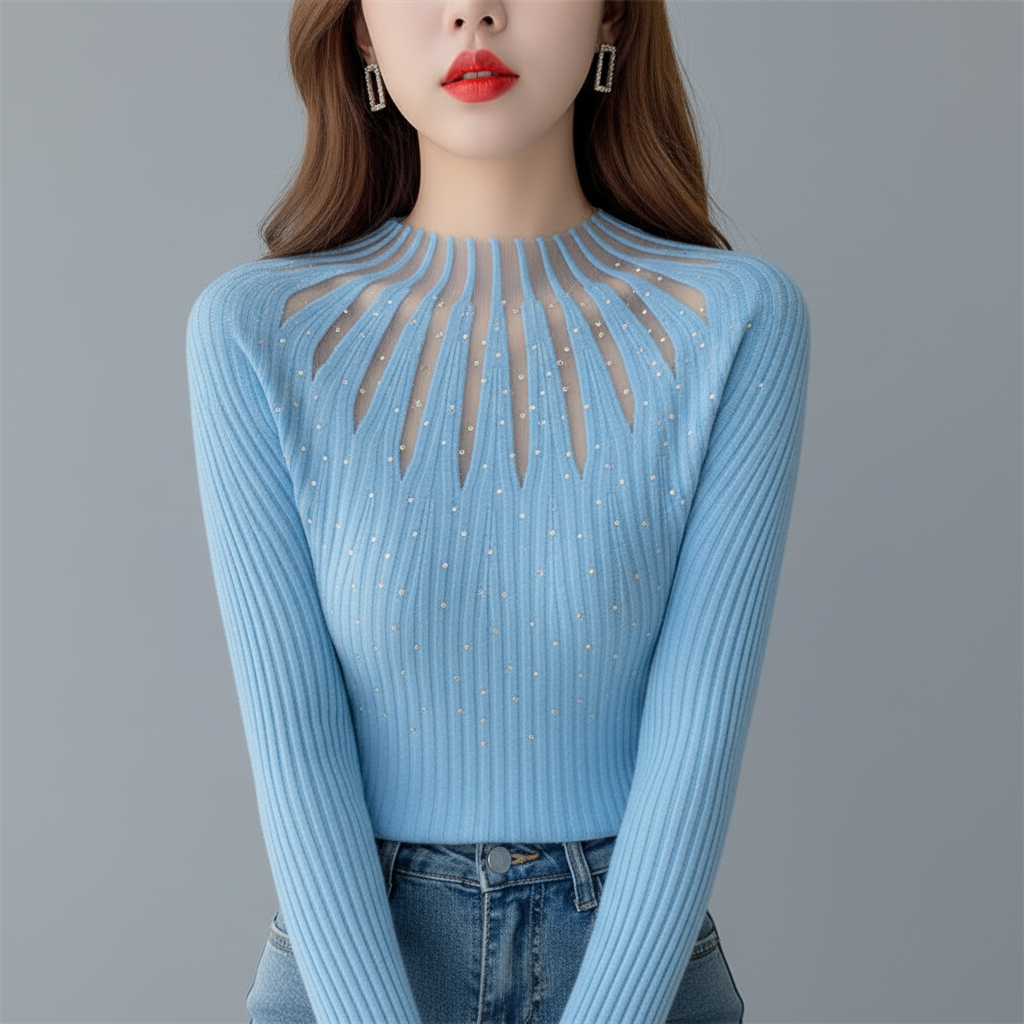 Women's ribbed knit top in neutral tone with elegant cutout detail, slim fit, sophisticated everyday style