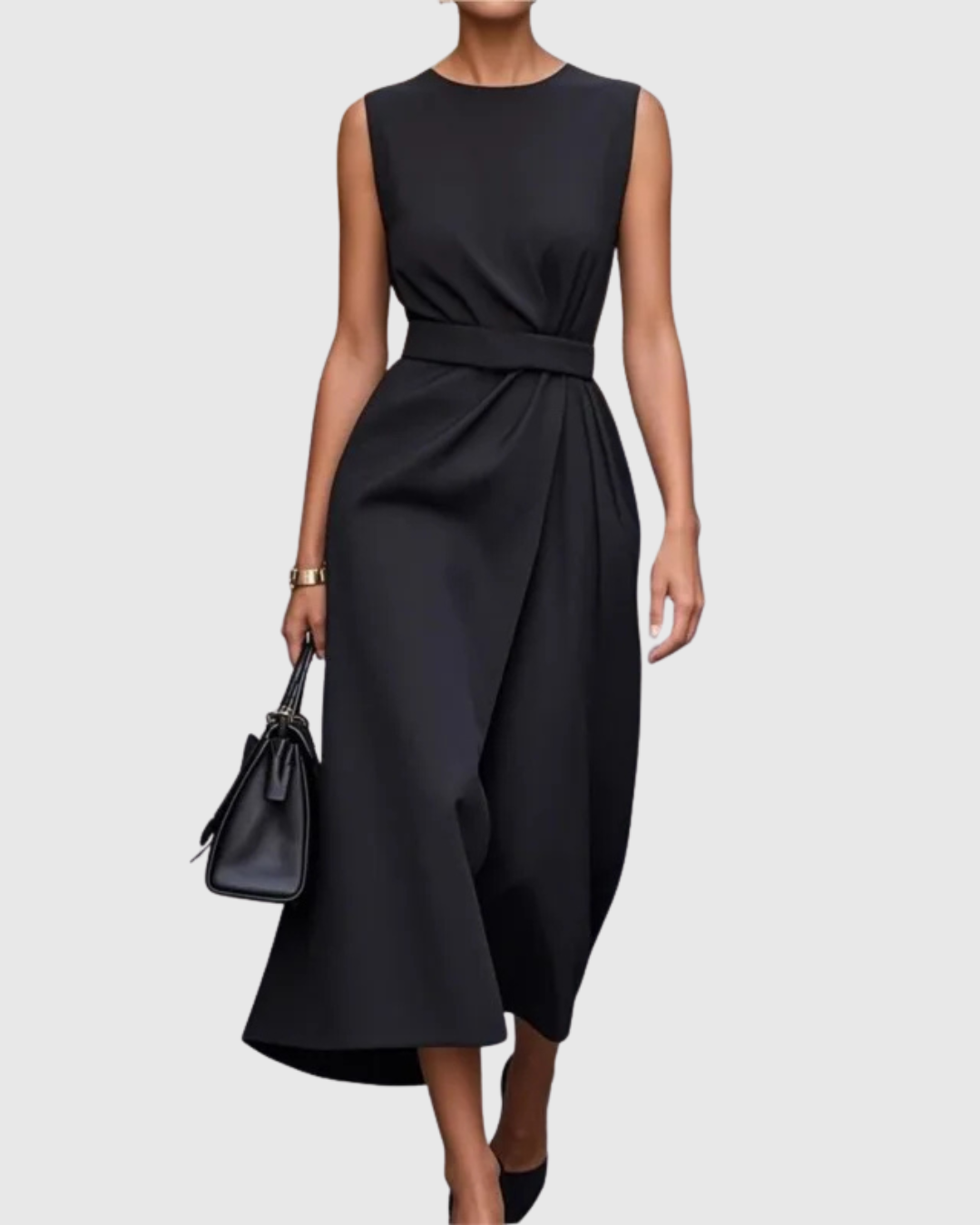 Women's rust sleeveless midi dress with round neck and distinctive twist knot waist detail