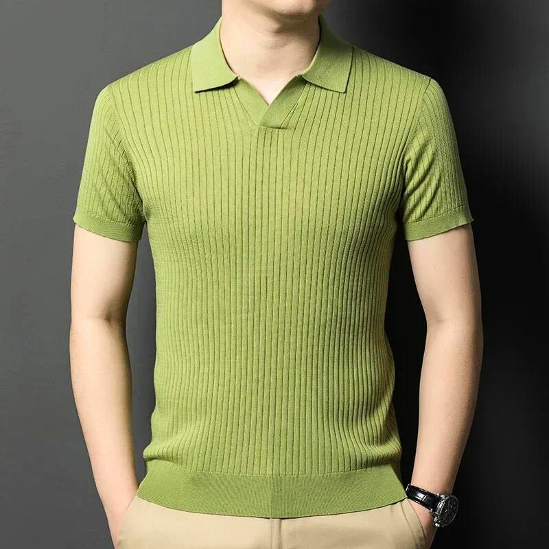 Marvo classic fit ribbed knit polo shirt in neutral tone with timeless collar design
