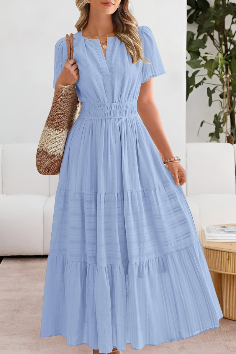 Cindy boho summer dress flowy silhouette breathable lightweight fabric in soft neutral tones
