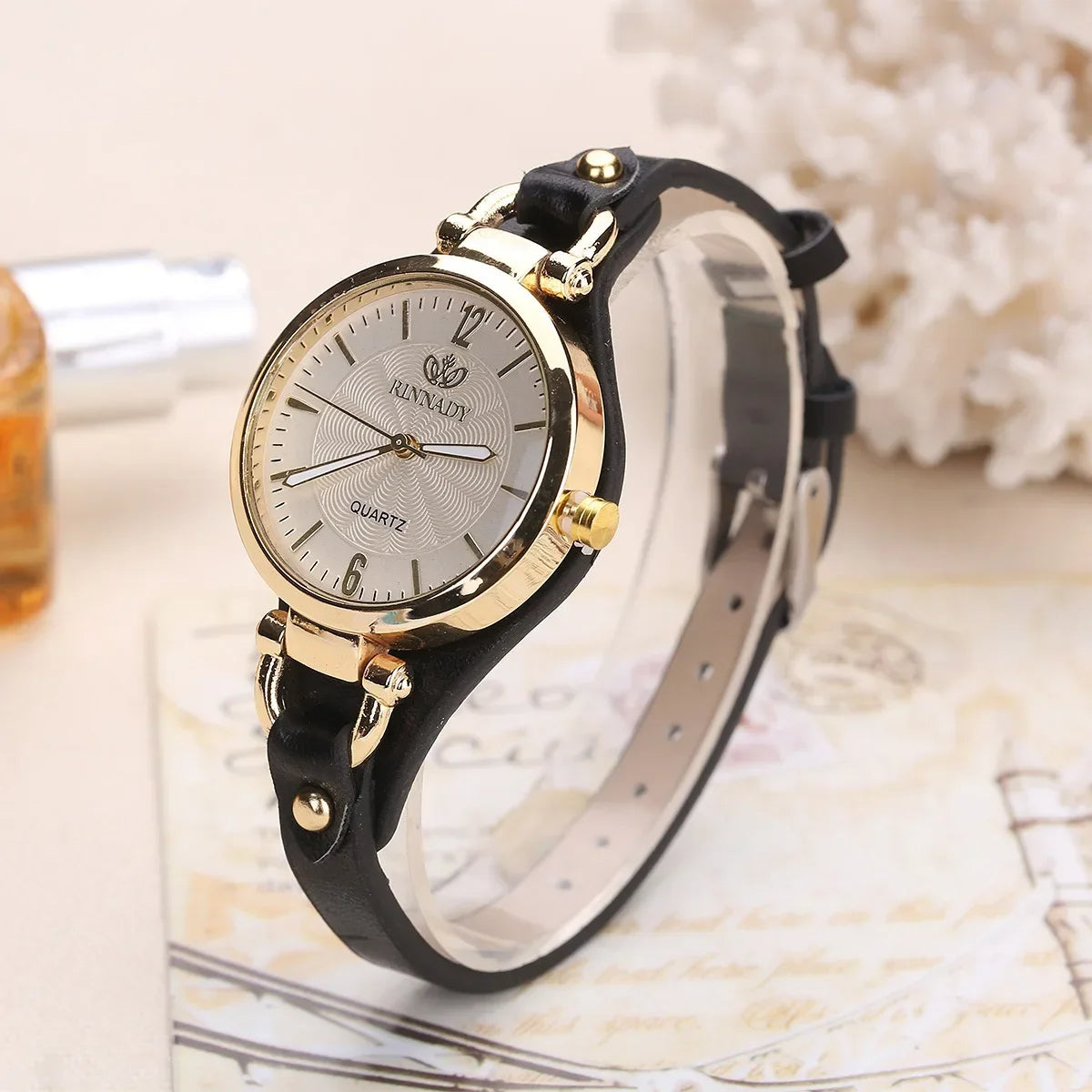 Sophie Elegant vegan leather watch gold-tone stainless steel case minimalist quartz movement
