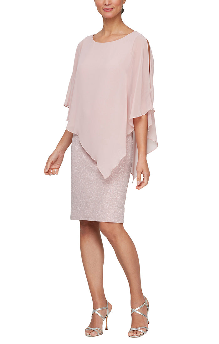 Short navy glitter sheath dress with sheer poncho overlay, fitted silhouette for mother of the bride