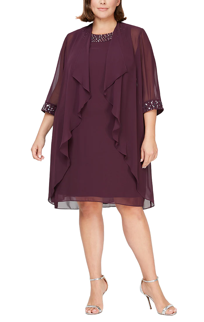 Plus size deep navy aubergine sleeveless sheath dress with beaded neckline and matching jacket