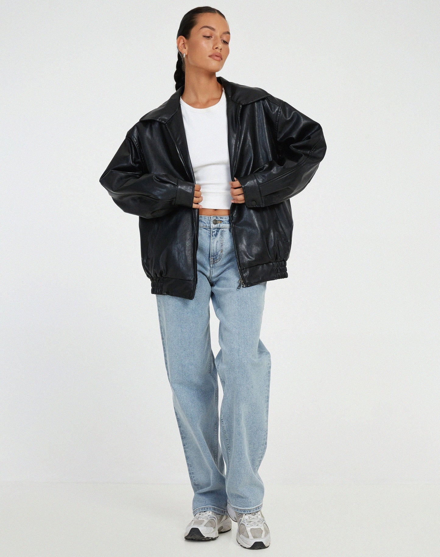 Ruby women's oversized leather bomber jacket in bold red with boxy silhouette and dropped shoulders
