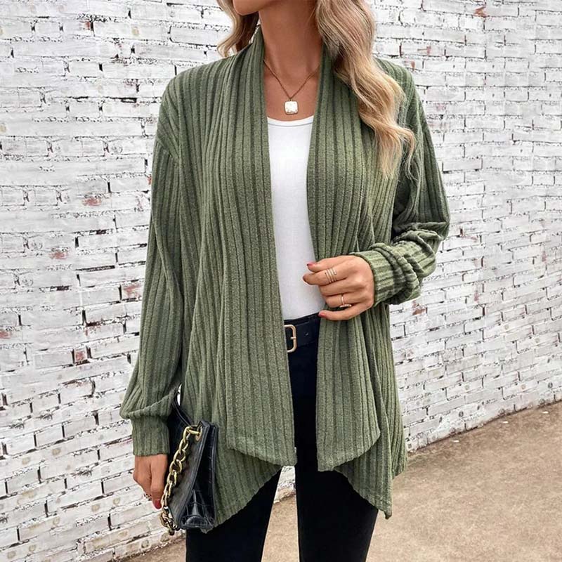 Women's relaxed-fit open-front soft knit cardigan with ribbed texture, casual layering style