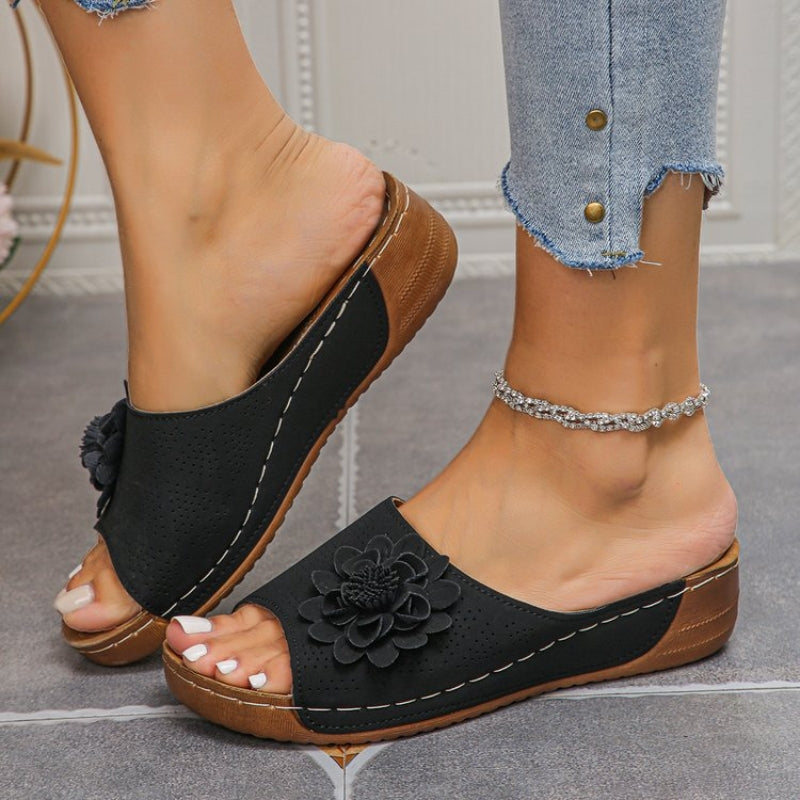 Women's floral wedge slip-on sandals open toe slides with perforated upper and delicate appliqué