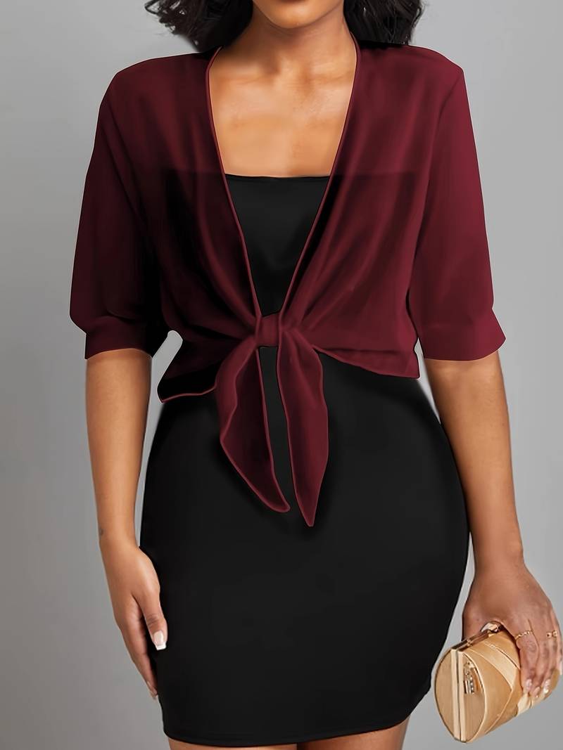 Women's sheer ivory tie-front cardigan open cover-up with self-tie waist lightweight layering top