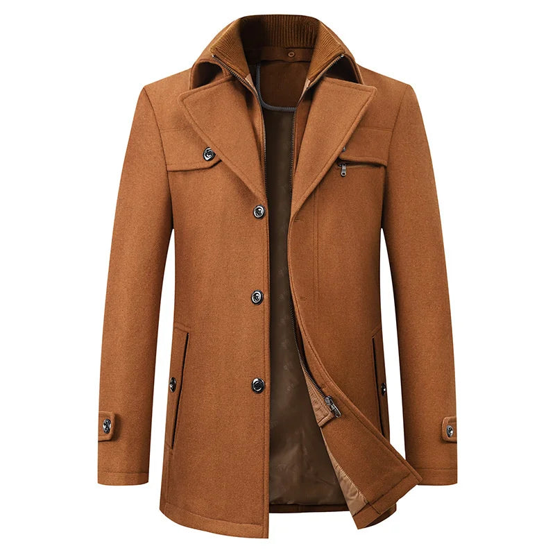 Men's elegant long overcoat tailored winter silhouette with front button closure formal style