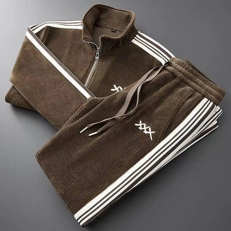 Navy blue corduroy sport tracksuit with signature X embroidery, athletic slim cut, premium texture